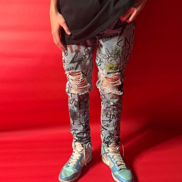 Graffiti Print Ripped Skinny Jeans – Boohoo Size 2 – Punk Y2K Streetwear Denim - Picture 1 of 11